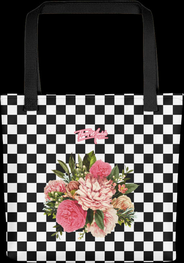 Checkered Floral Tote Bag PNG