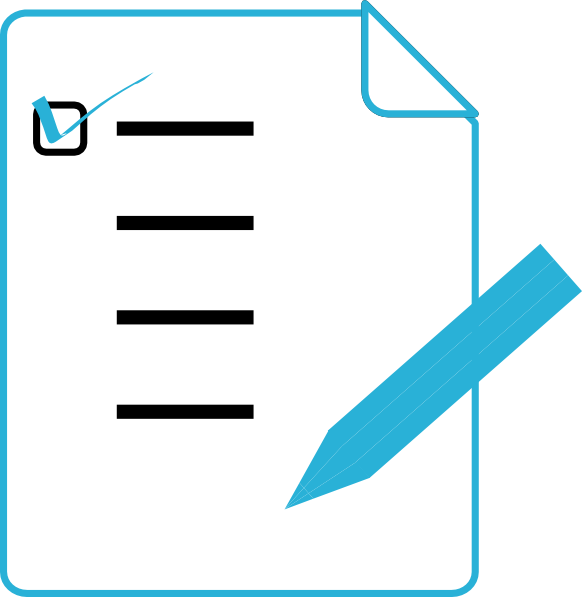 Checklist Document Vector PNG — A blue outlined checklist with one checked box and a blue pencil resting beside it.