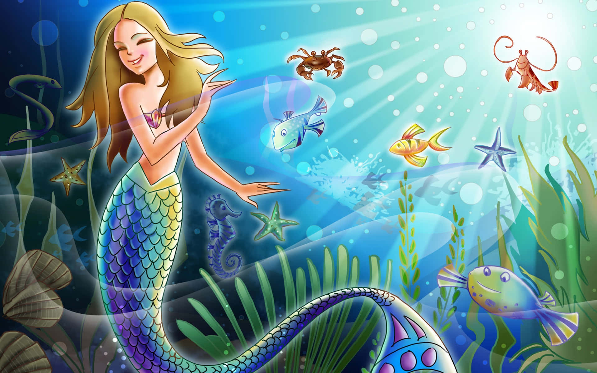 Cheerful Mermaid With Other Sea Creatures Wallpaper
