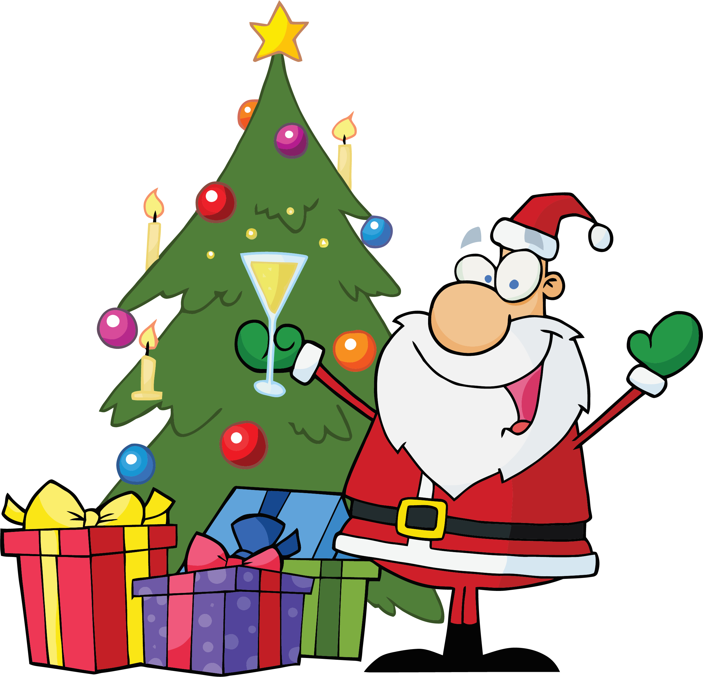 Cheerful Santa Claus Christmas Tree Presents PNG