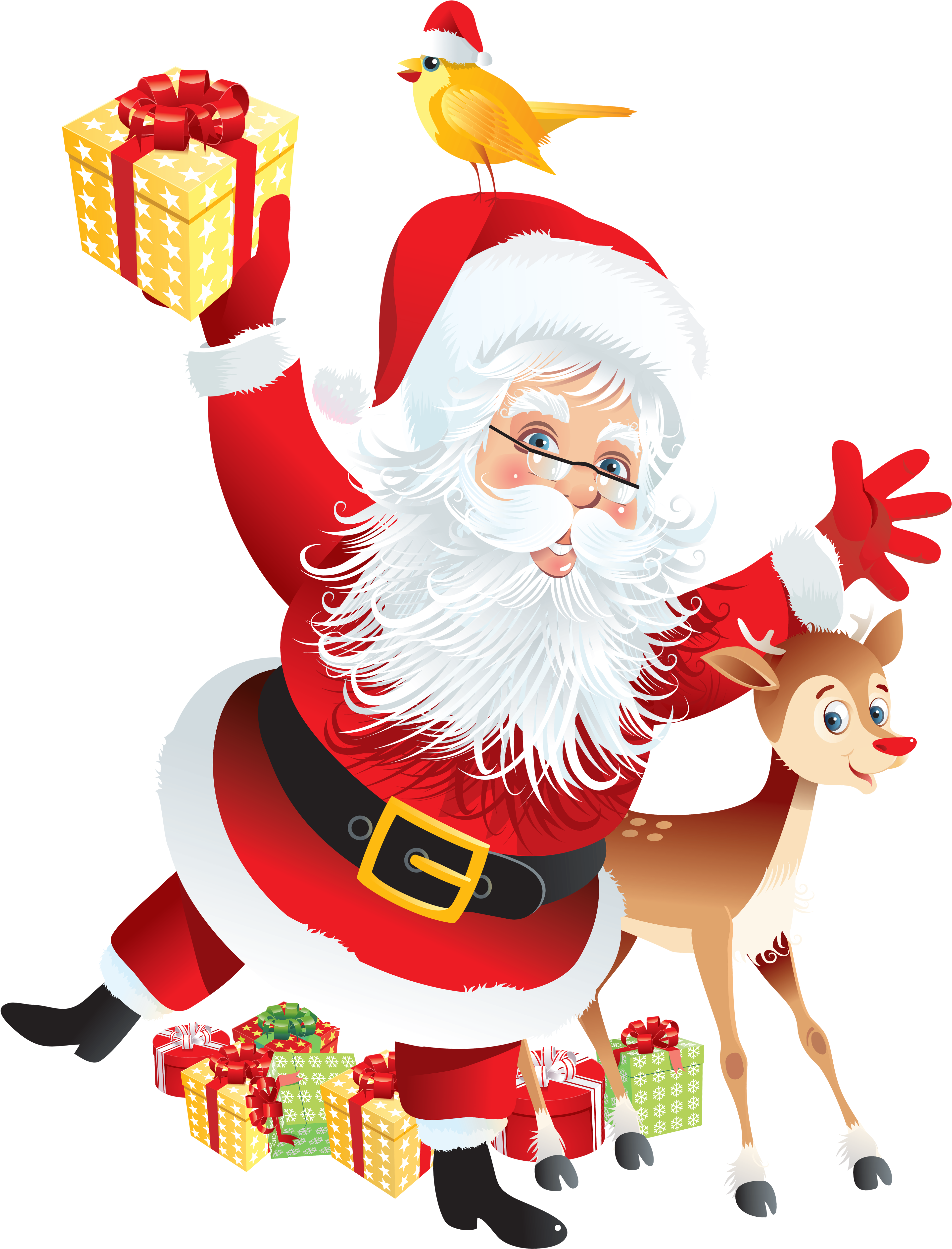 Cheerful Santa Clauswith Giftsand Reindeer PNG