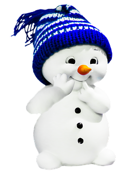 Cheerful Snowman Figurinewith Blue Hat PNG