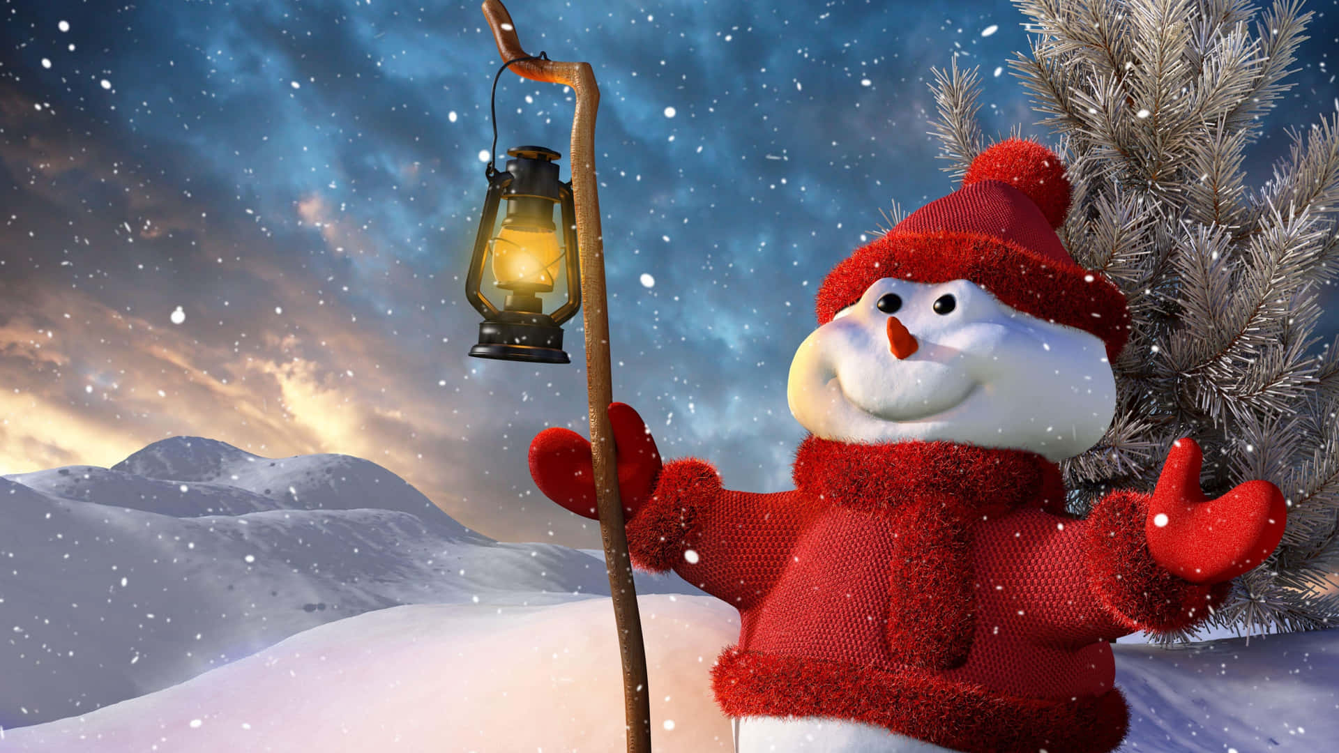 Cheerful Snowman With Lantern Winter Night.jpg Wallpaper