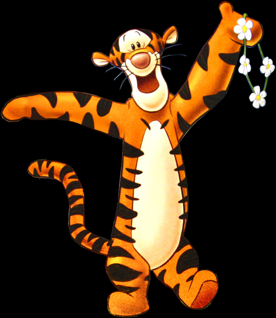 Cheerful Tiger Cartoonwith Flowers PNG