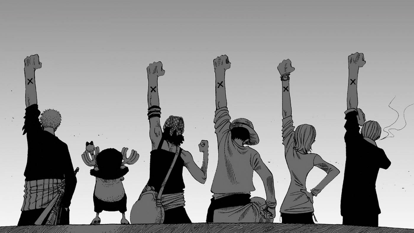 Cheering Crew And Luffy Black And White Wallpaper