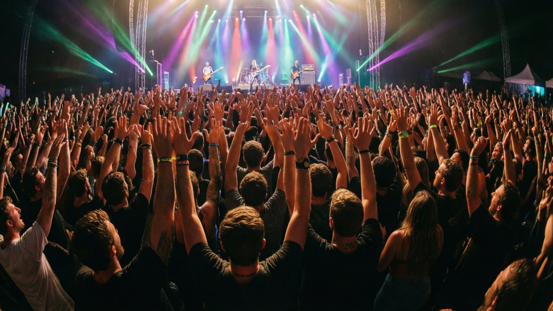 A cheering crowd at a Guitar Hero concert with stage lights.