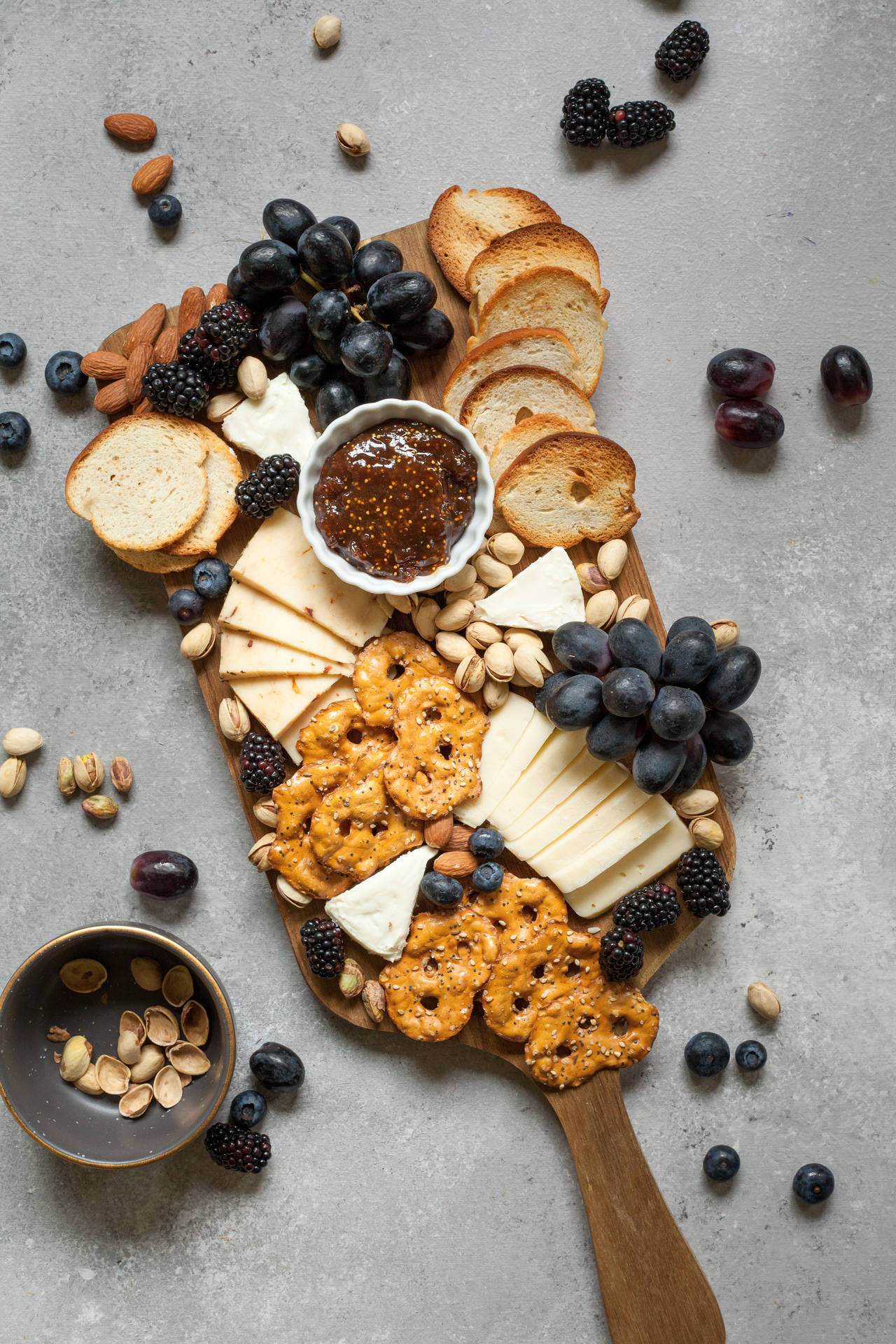 Cheese, Fruits, Pretzels On Platter
