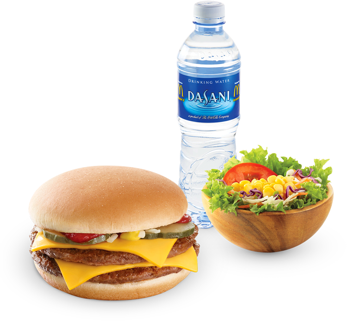 Cheeseburger Meal Combo Water Bottle Salad PNG