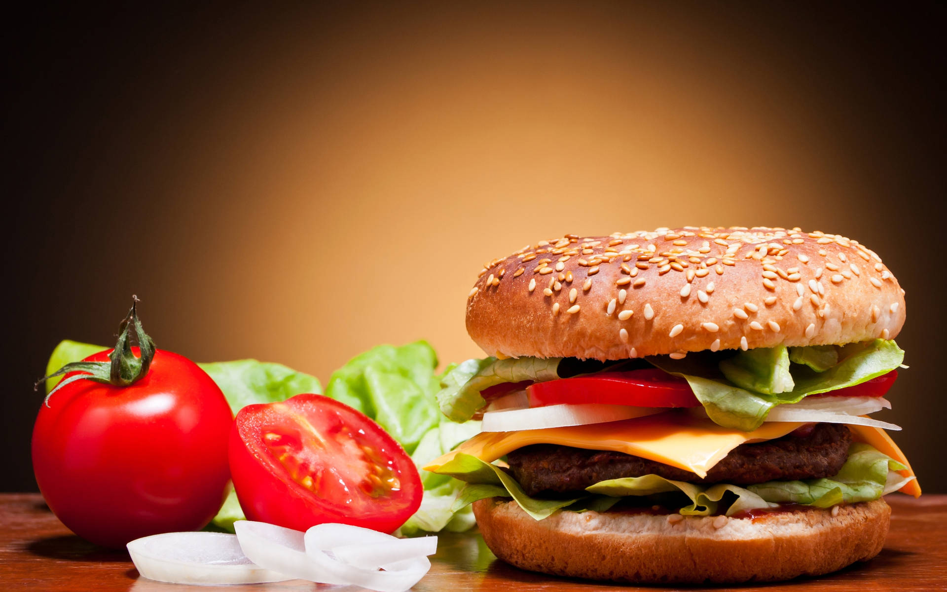 Cheeseburger With Tomatoes And Onions Wallpaper
