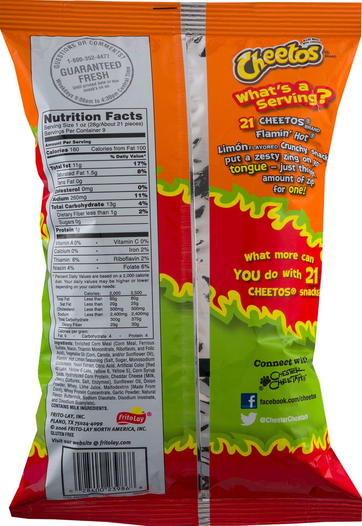 Cheetos Flamin Hot Limon Nutrition Label PNG