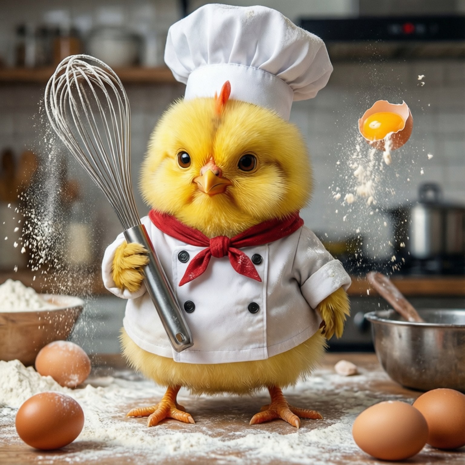 Chicky as chef whisking in messy kitchen