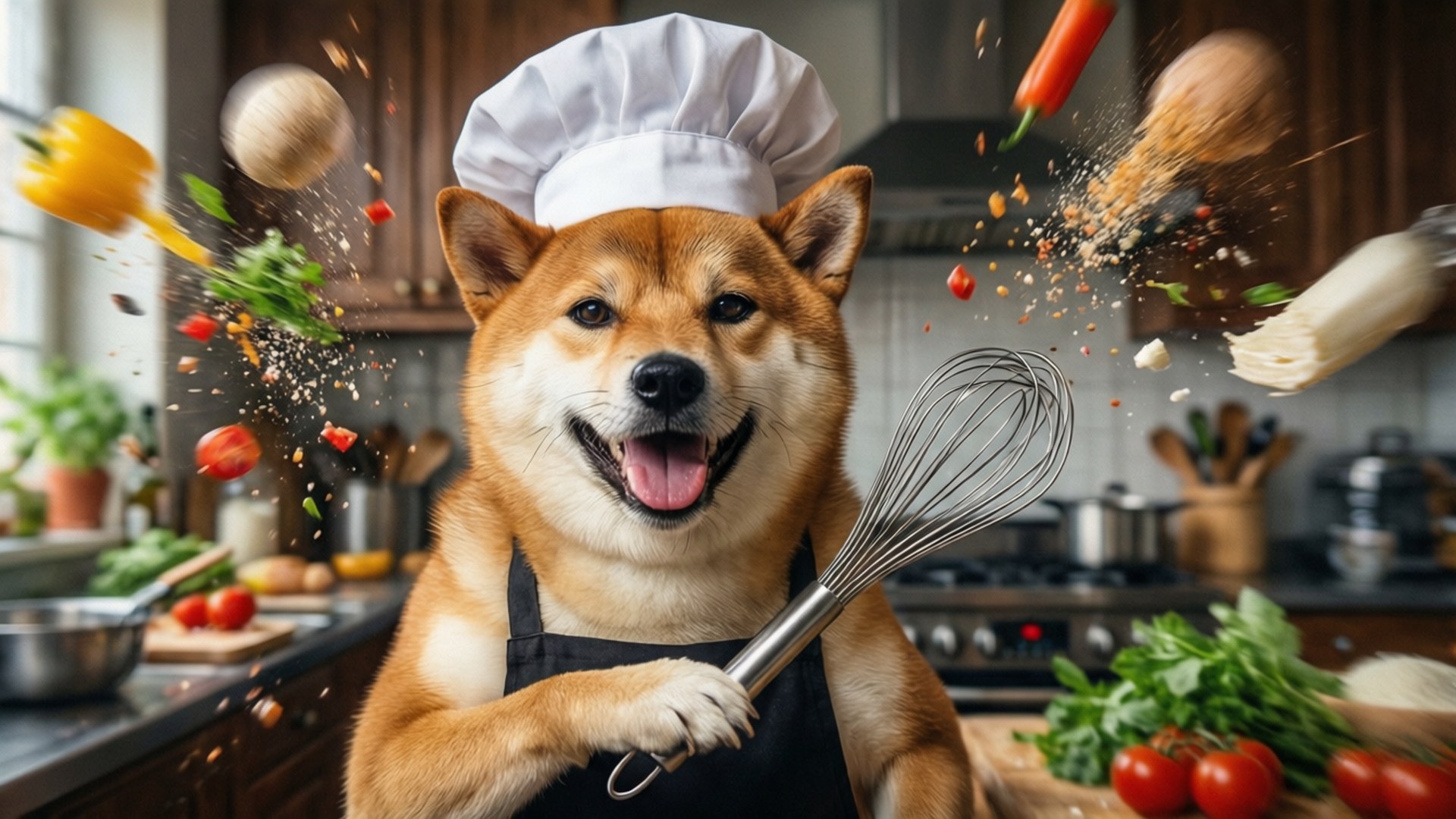 Chef Doge laver mad med flyvende ingredienser, sjovt og kaotisk tapet.