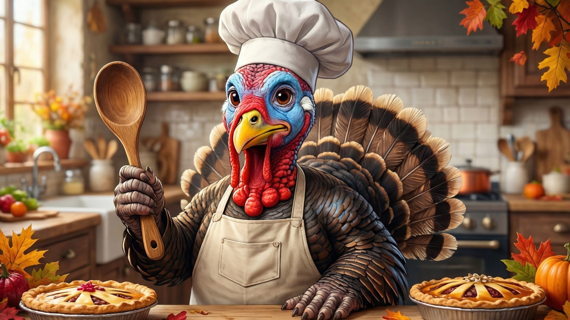 A cute cartoon turkey chef ready for Thanksgiving cooking, kitchen background.