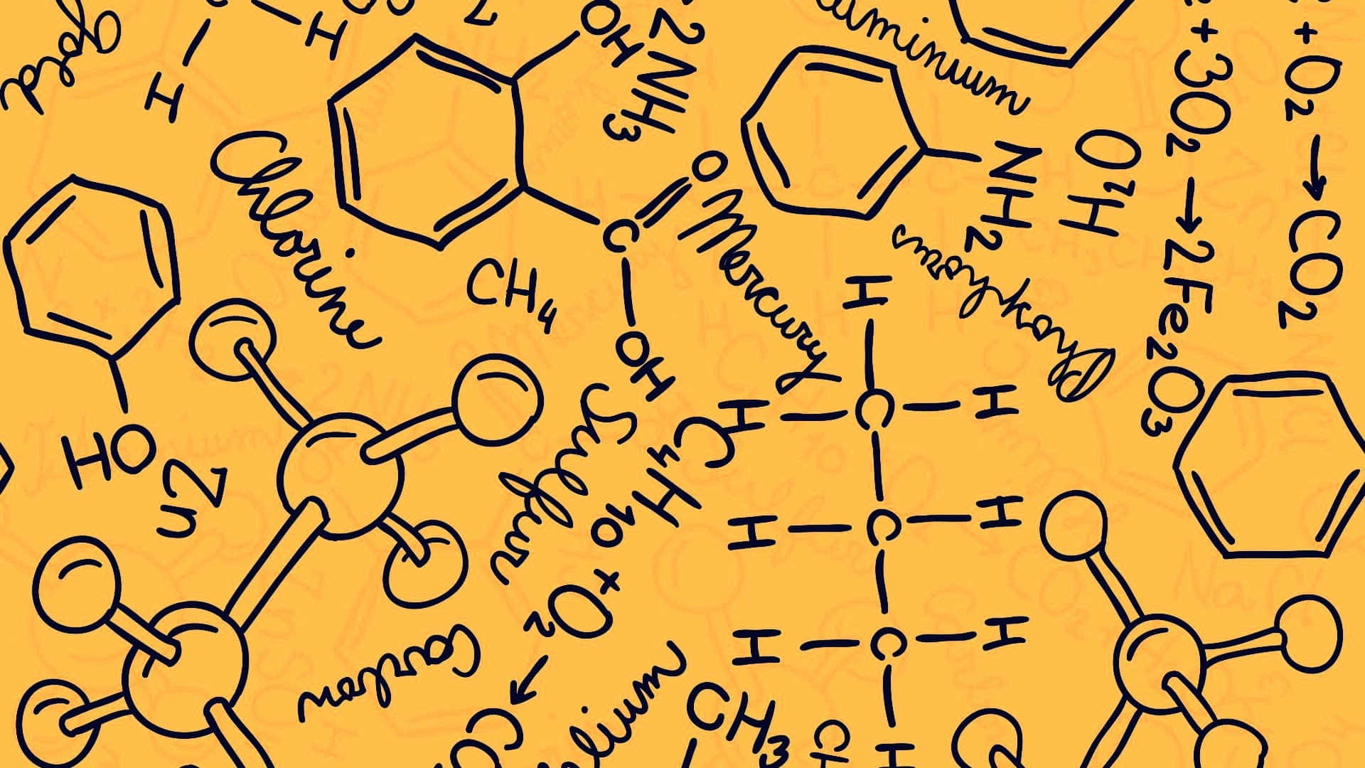 Einhandgezeichnetes Chemie-muster Auf Einem Orangefarbenen Hintergrund.