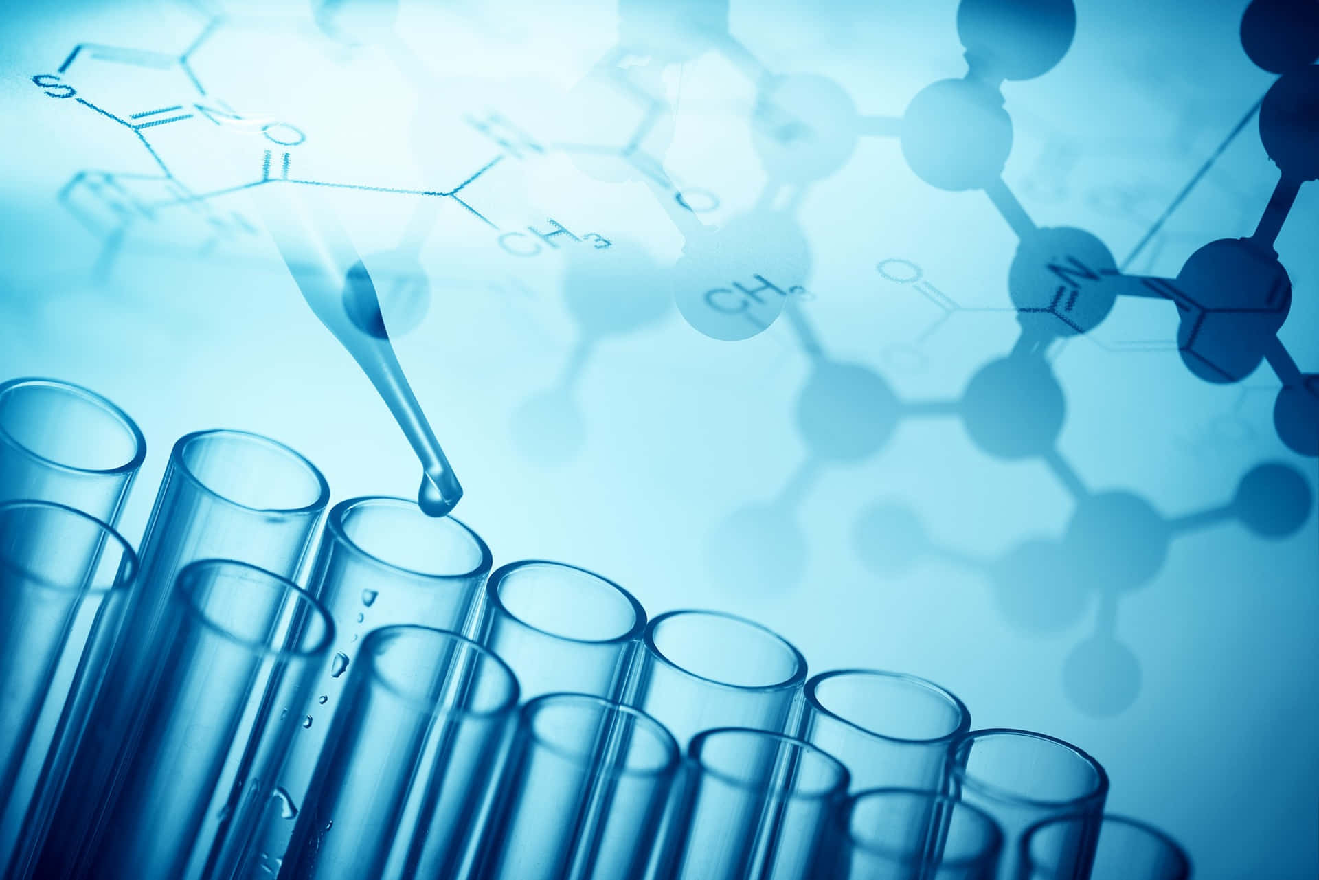 Einblauer Hintergrund Mit Einem Molekül Und Einem Reagenzglas.