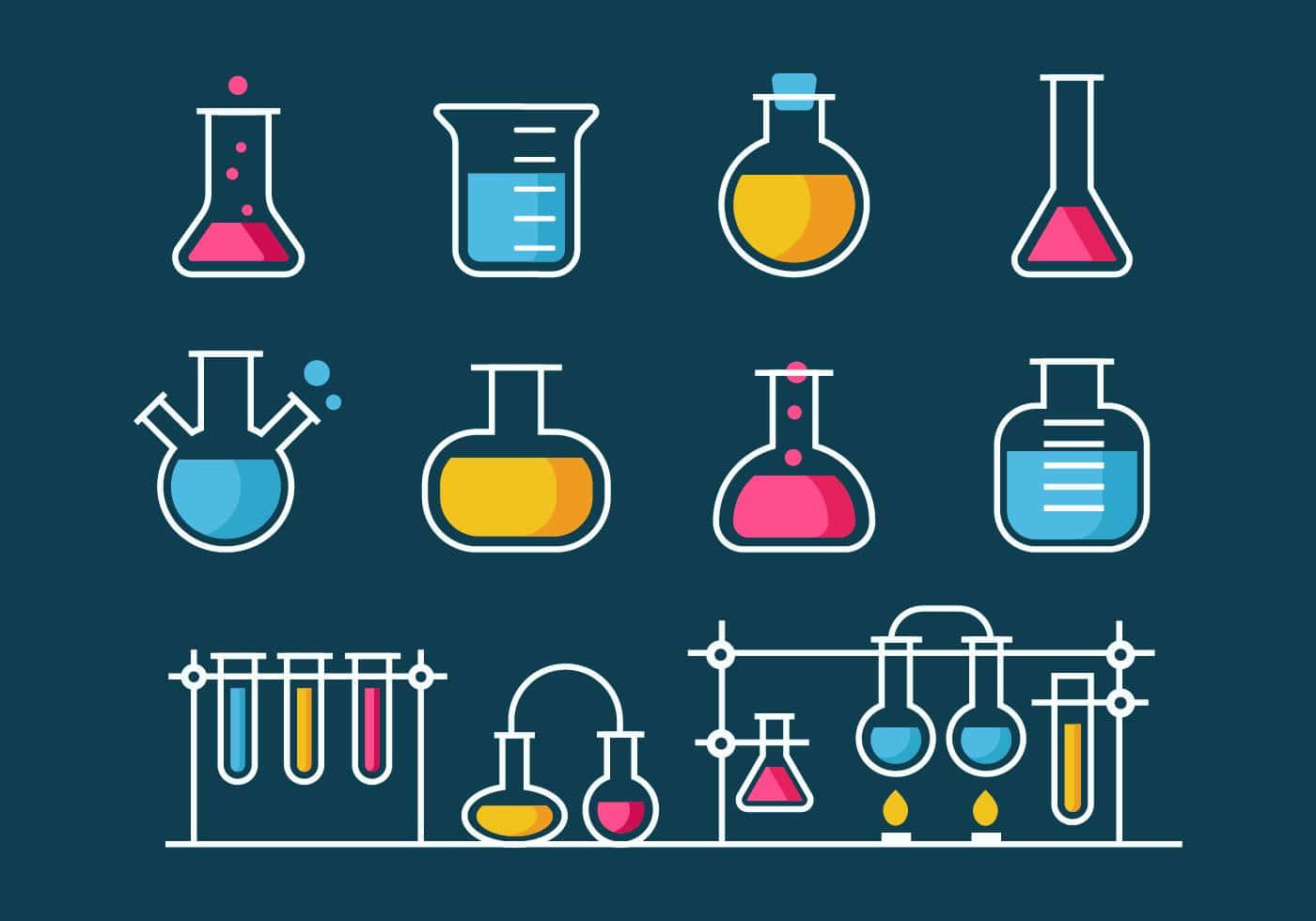 A Set Of Colorful Laboratory Flasks And Flasks