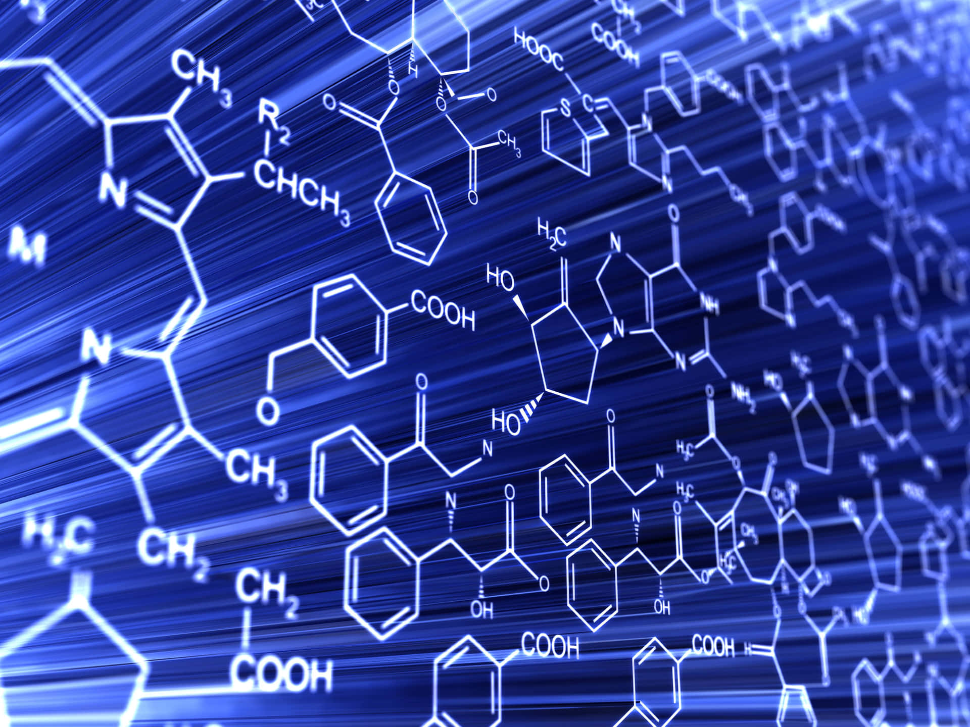 Enblå Bakgrund Med Många Kemiska Molekyler