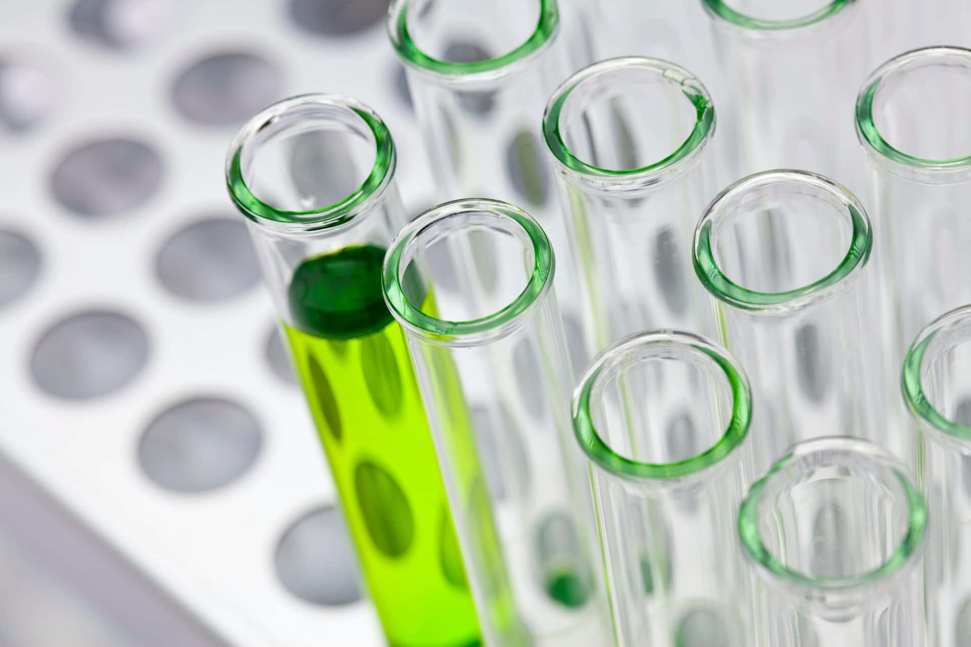 A Group Of Test Tubes With Green Liquid In Them