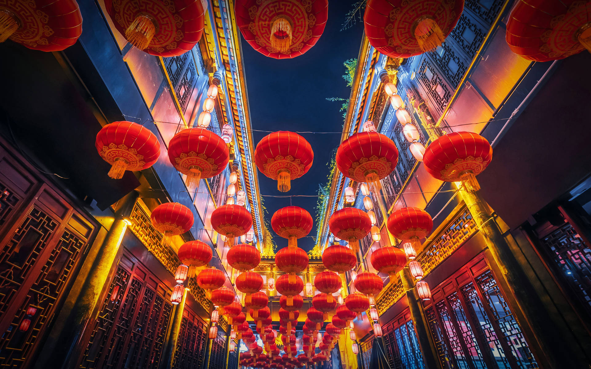Via Delle Lanterne Luminose Di Chengdu Sfondo