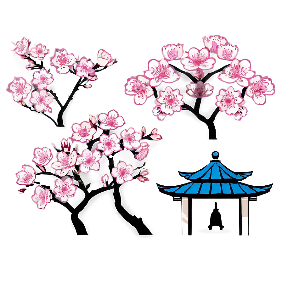 Cherry Blossom And Pagoda Silhouette Png 05032024 PNG