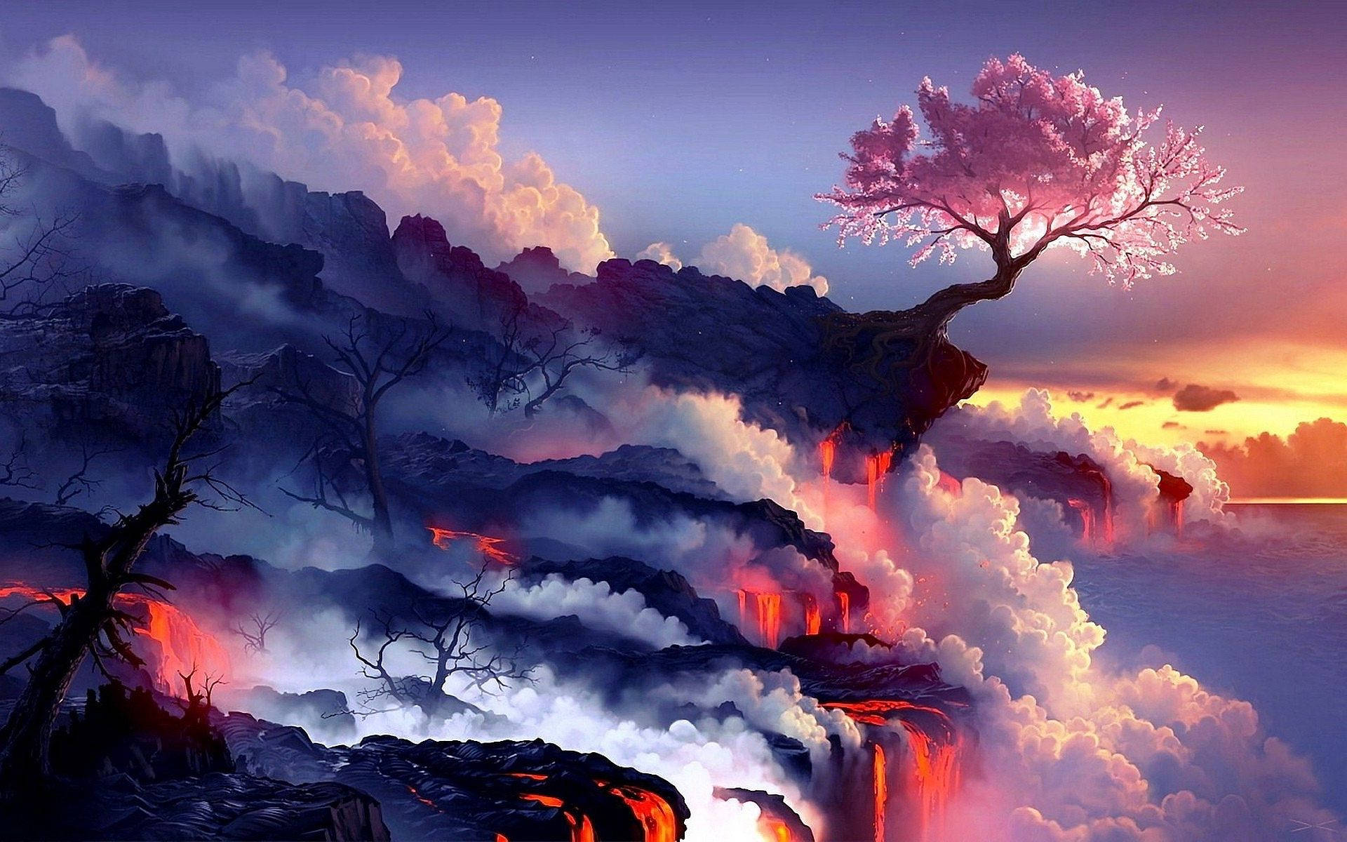 Cherry Blossom In Lava Background