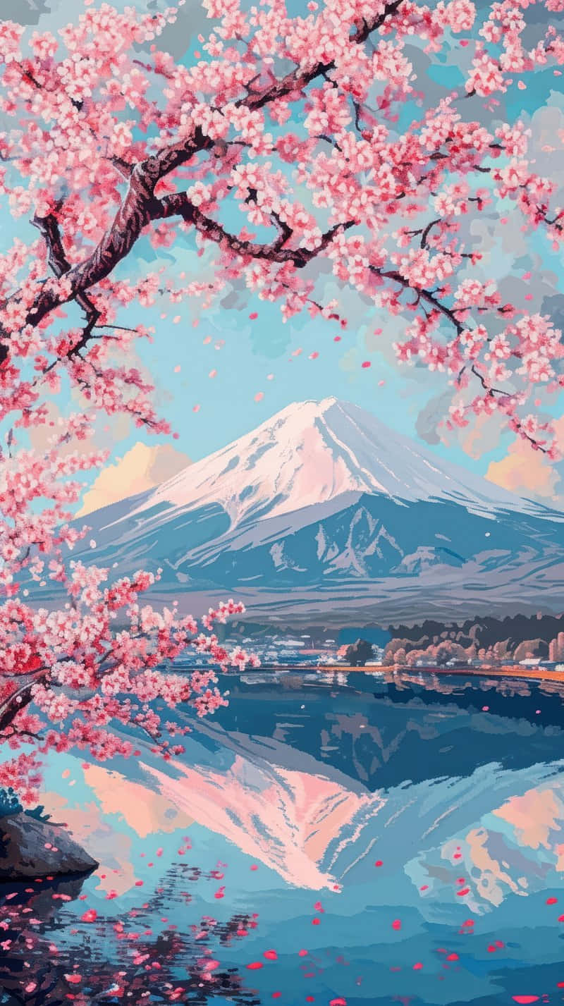 Cherry Blossom Mount Fuji Reflection Wallpaper