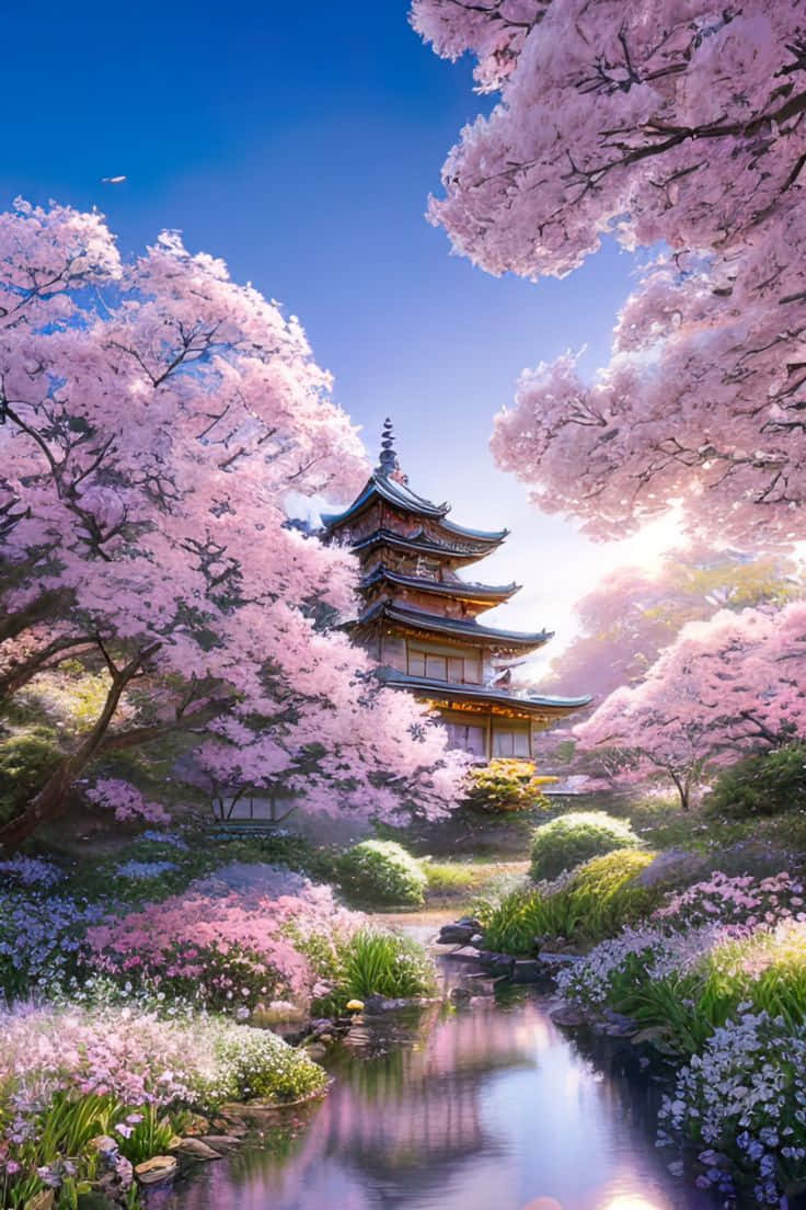 Cherry Blossom Pagoda Scenery Wallpaper