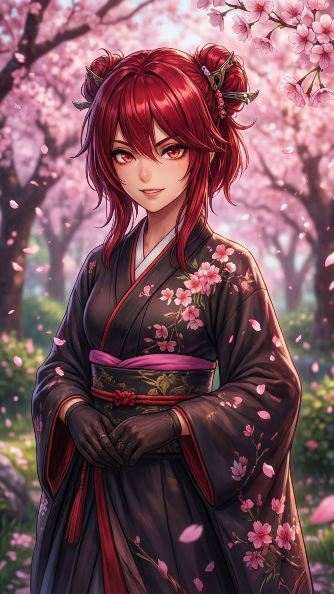 Ruby kauniissa kirsikankukkatarhassa, anime-tyyli.