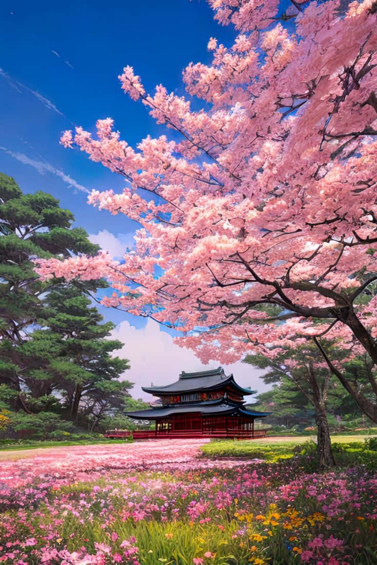 Cherry Blossom Traditional Japanese Structure Wallpaper