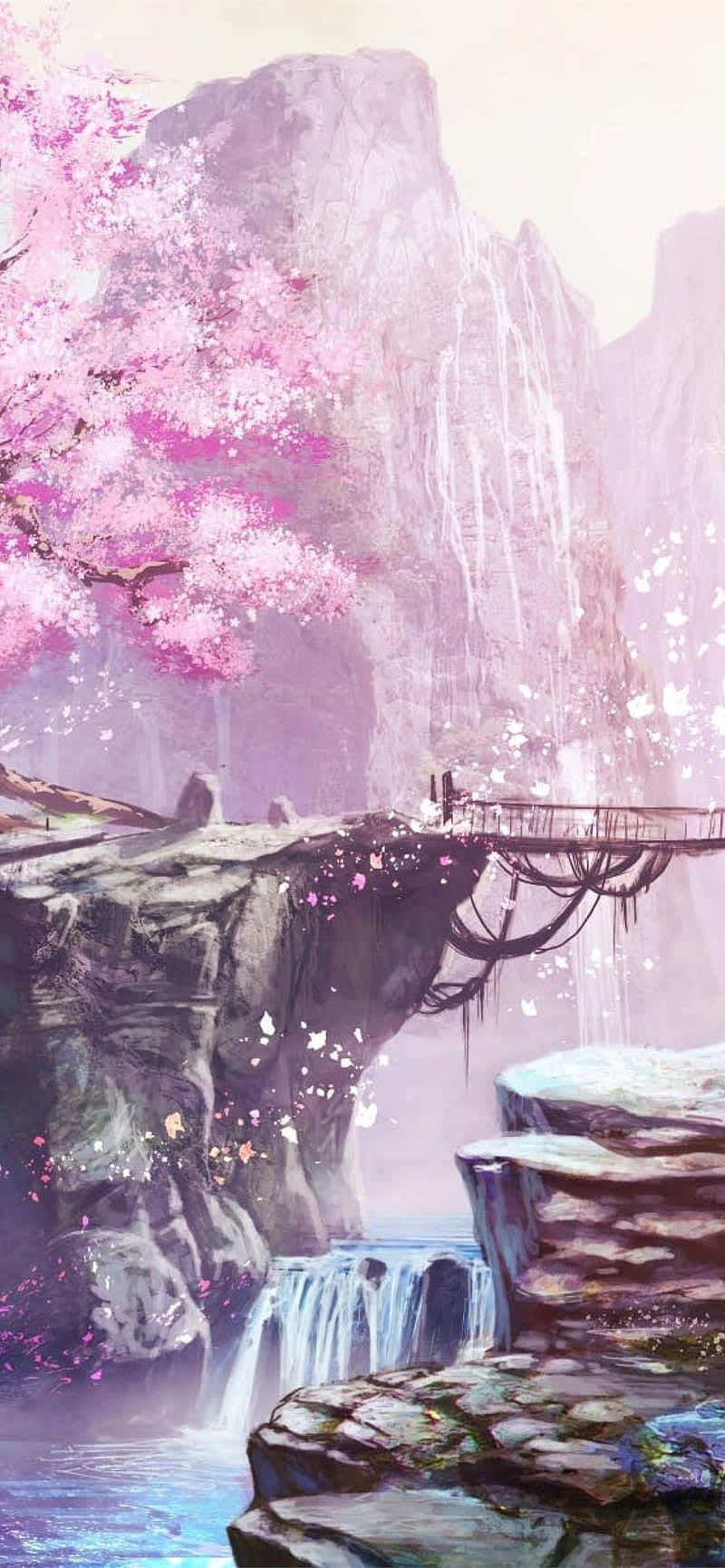 Cherry Blossom Waterfall Fantasy Landscape.jpg Wallpaper