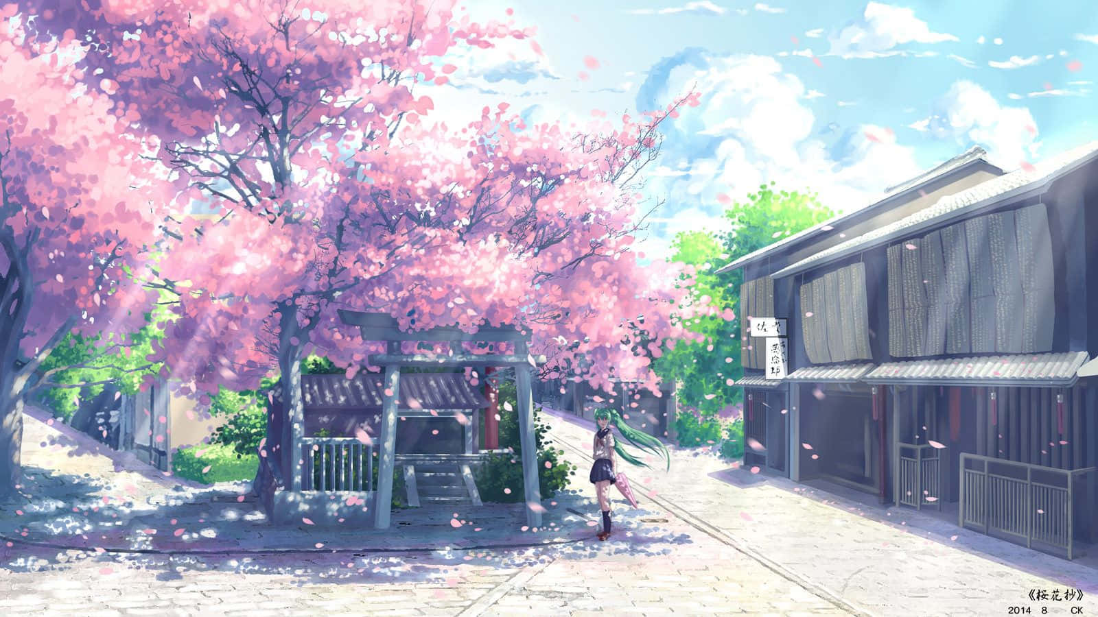 A Girl Walks Down A Street With Pink Blossoms Wallpaper