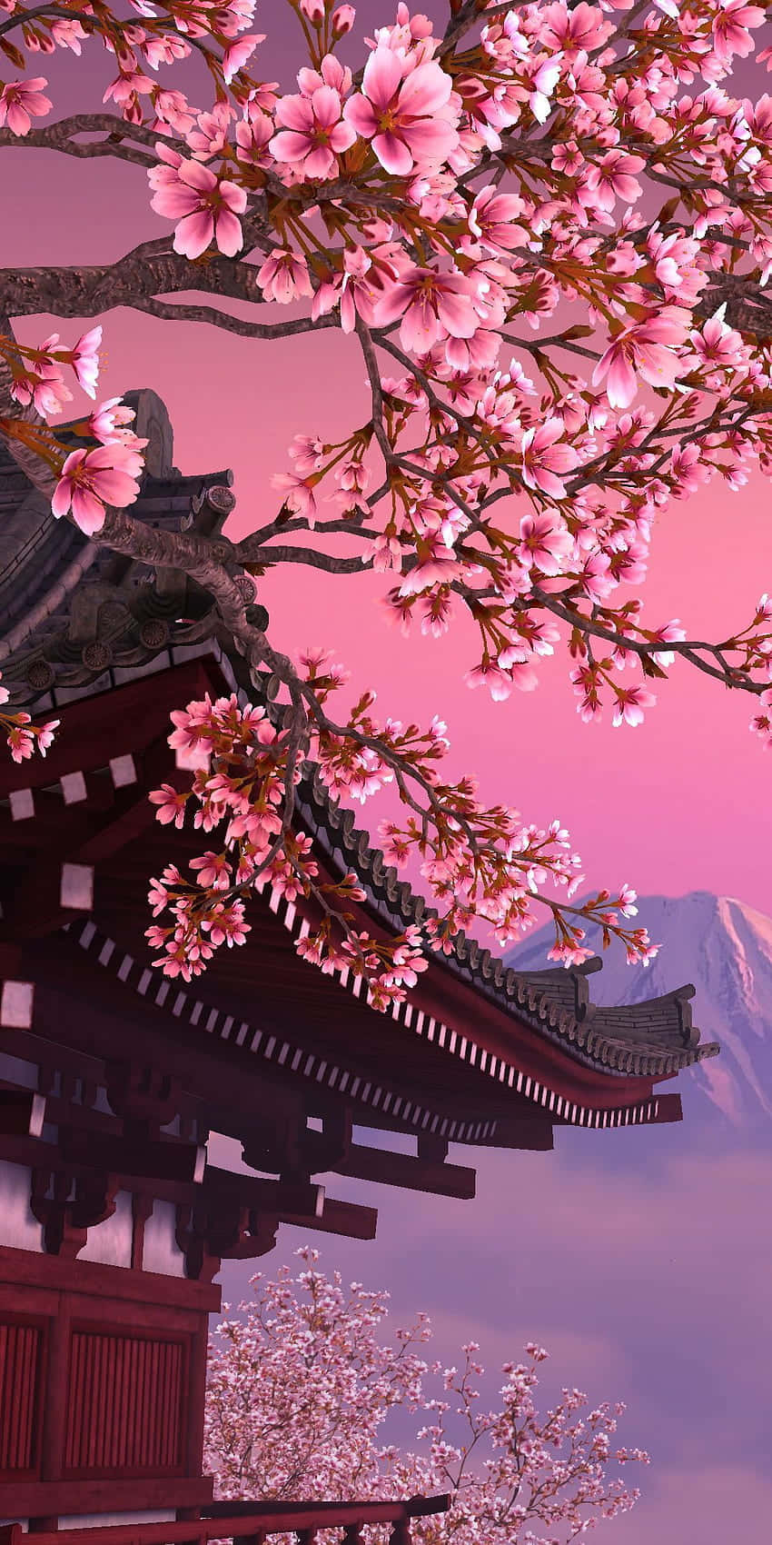 Cherry Blossoms Anime Scenery Temple Pink Skies Wallpaper