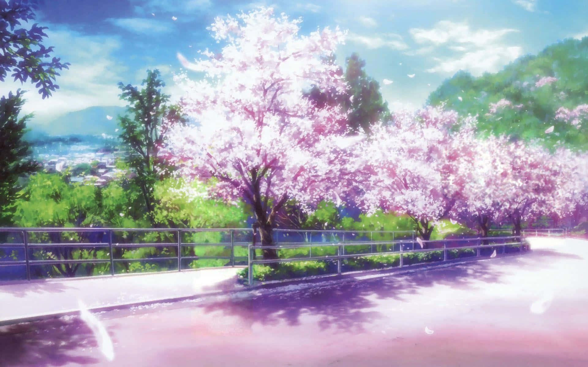 Take a peaceful stroll while taking in the beauty of cherry blossom trees in a unique anime setting. Wallpaper