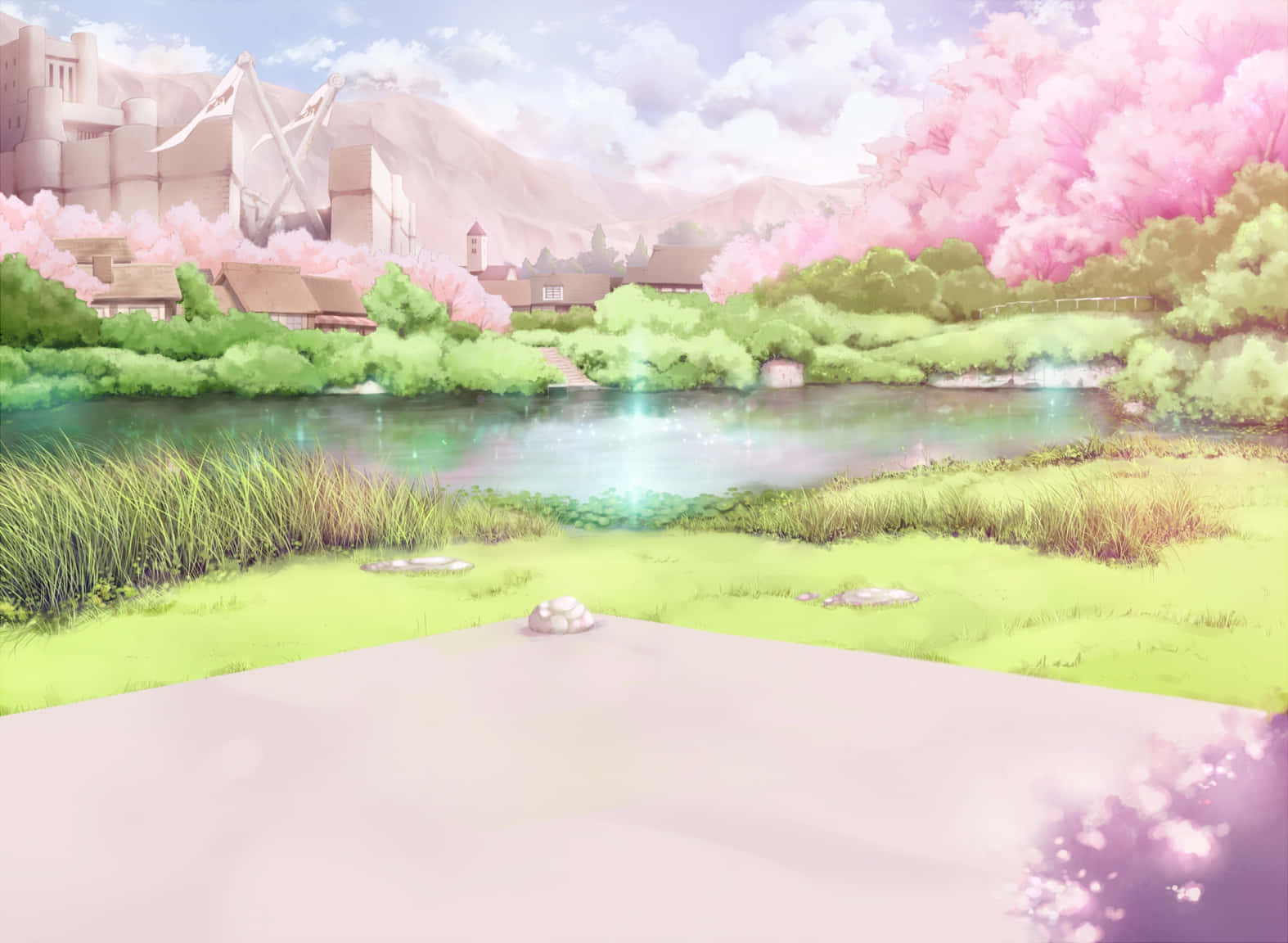 Magical Anime Scenery with Soft Pink Cherry Blossoms Wallpaper