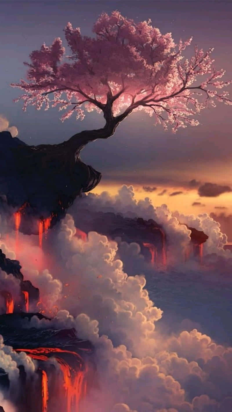 Cherry Blossoms Anime Scenery Cliff Lava Flowing Wallpaper