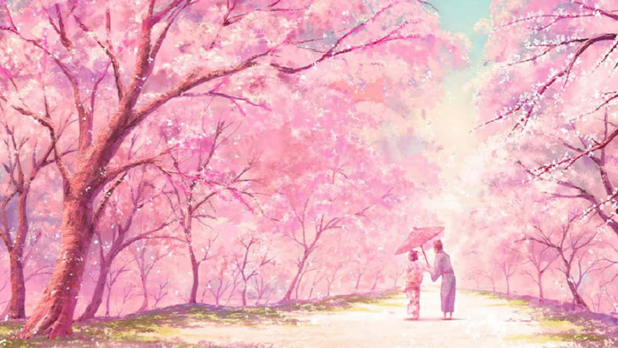 Step into an enchanted realm of cherry blossom trees and waterfalls Wallpaper