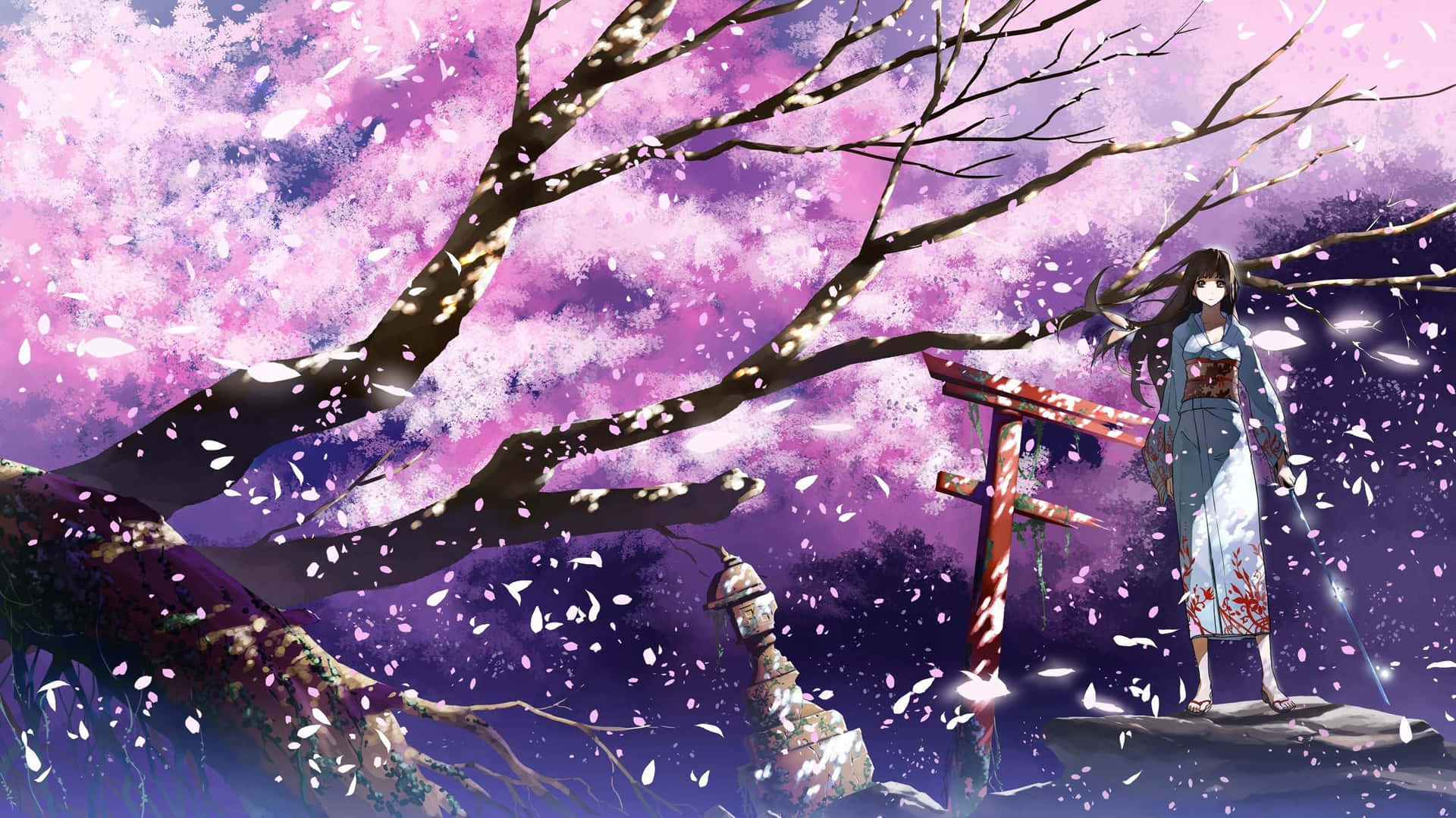 Åbn vinduet til en smuk kirsebær blomst anime landskab Wallpaper