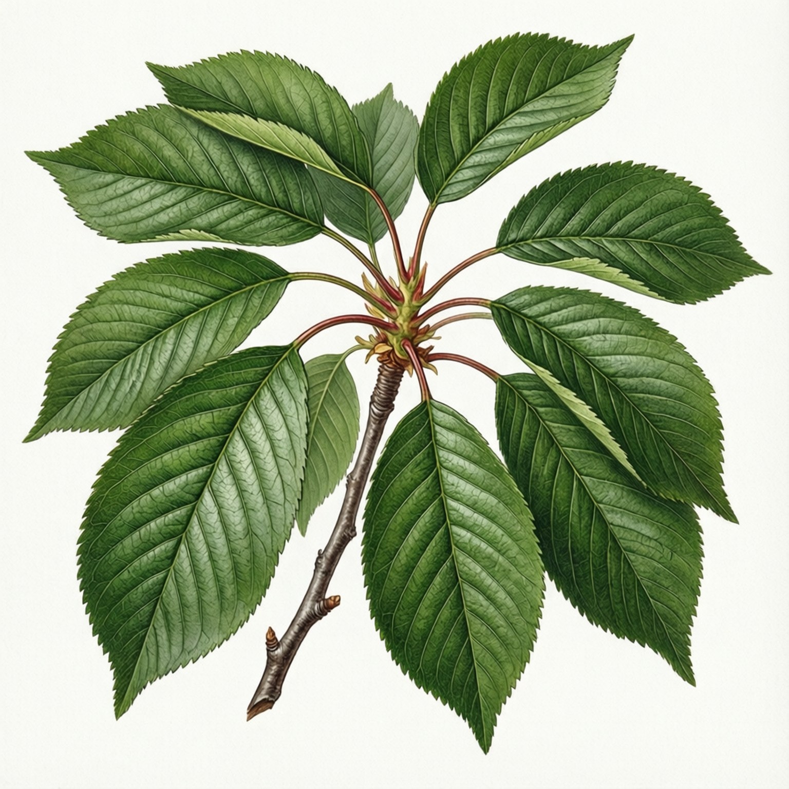 Cherry Branch Study Wallpaper — A detailed botanical illustration of a cherry branch with glossy green leaves and visible veins against a plain background.