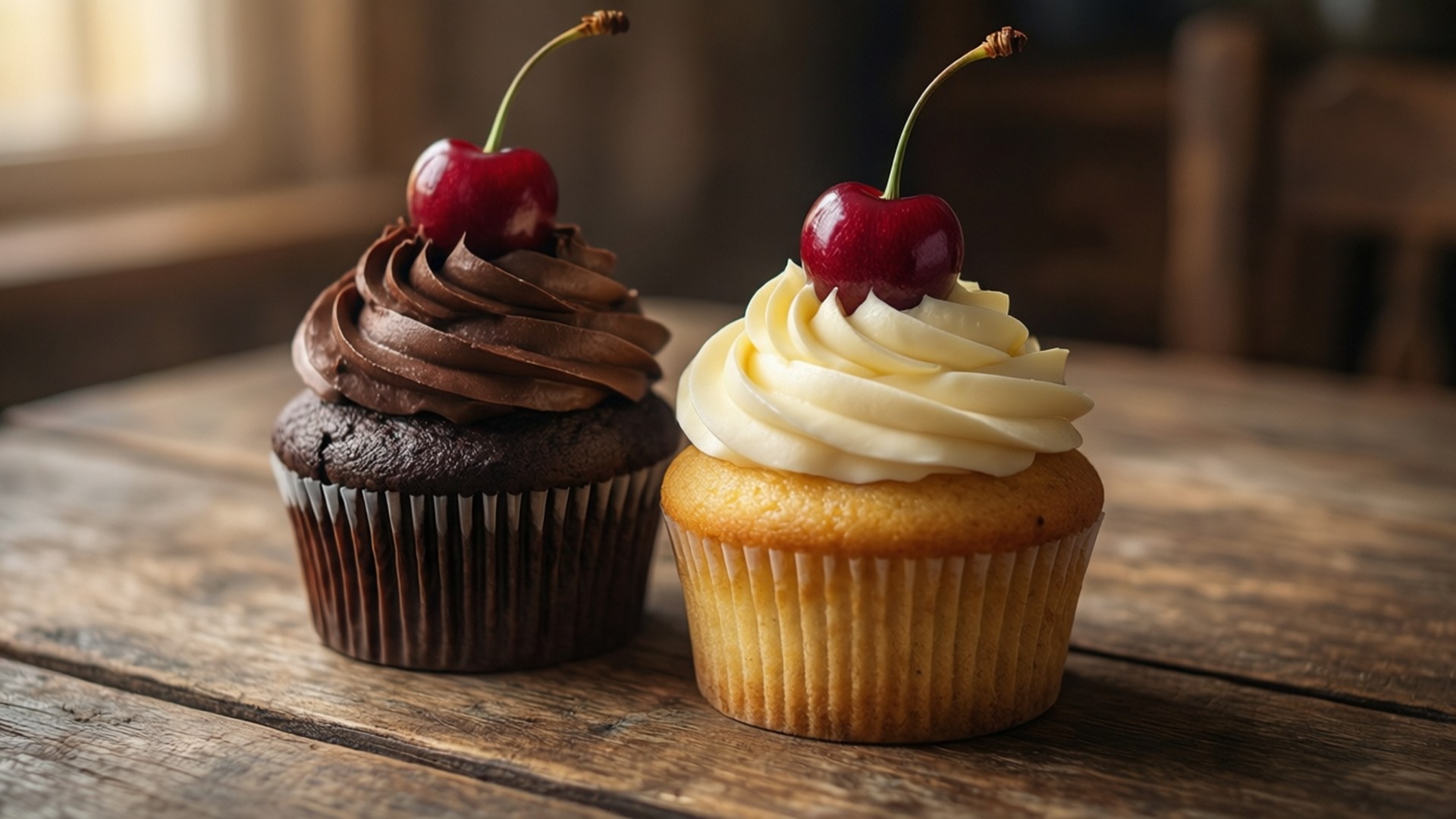 To muffins med kirsebær, chokolade og vanilje på et træbord, hyggeligt og ægte.