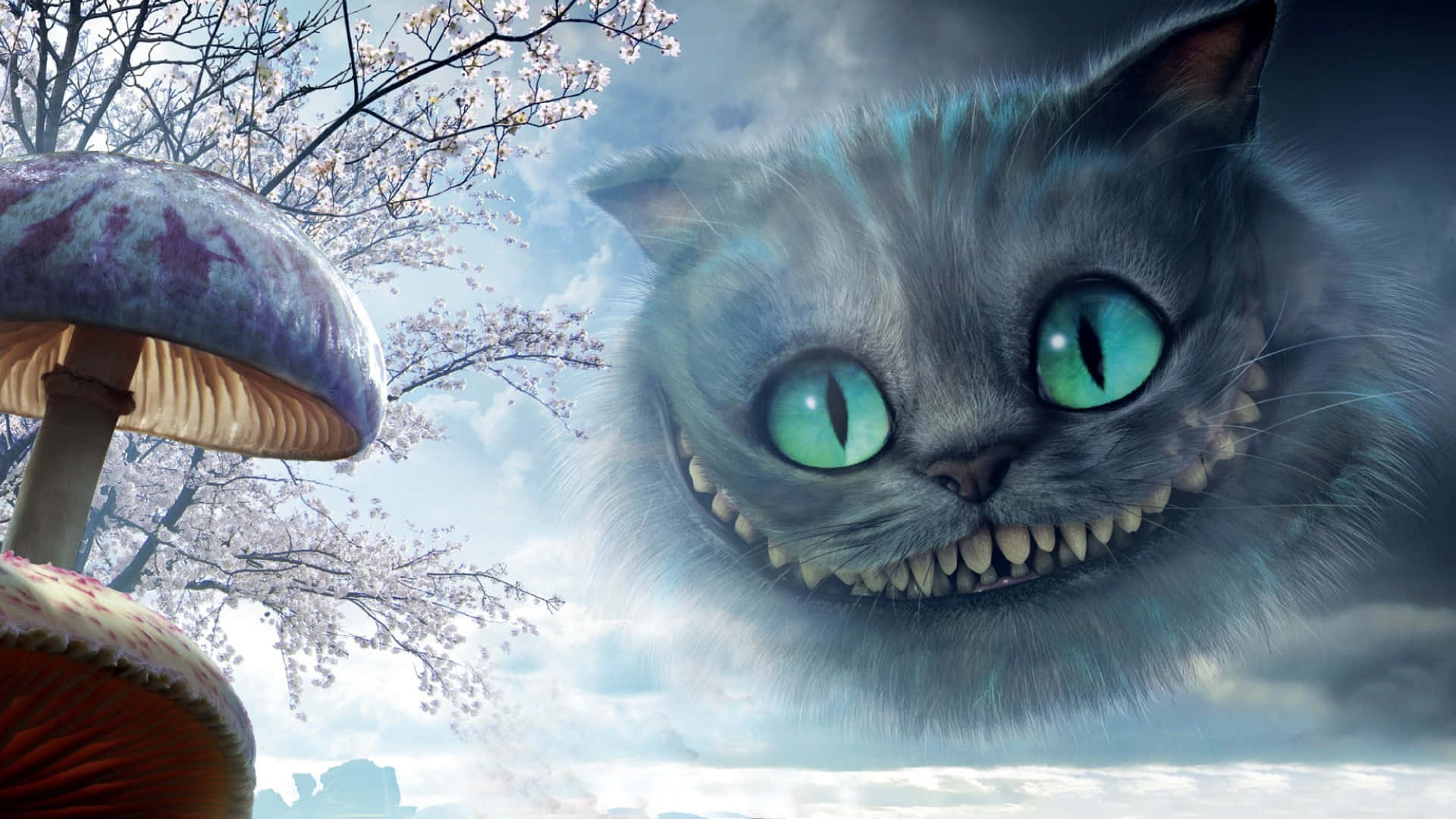 A giant Cheshire Cat smiles slyly in the starlight.