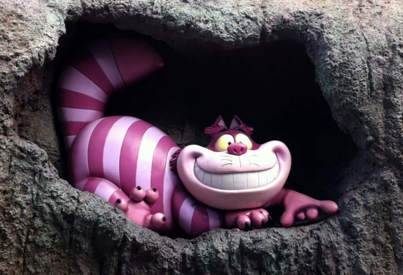A curious Cheshire Cat peers out from a vivid, dream-like world.