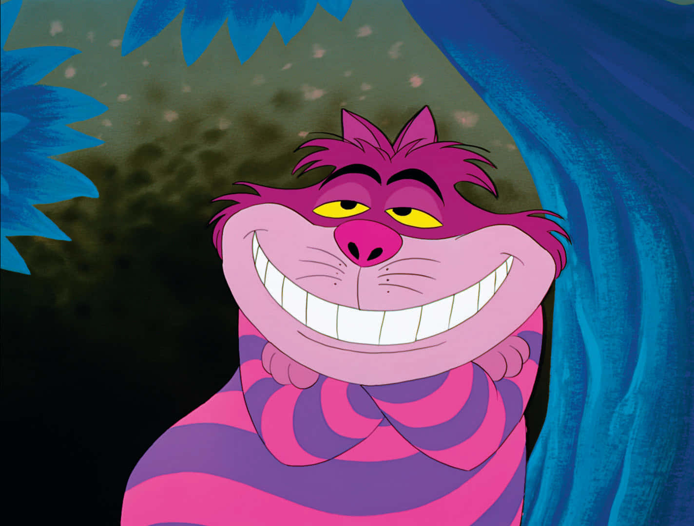 The mischievous Cheshire Cat smiles from atop a mushroom.