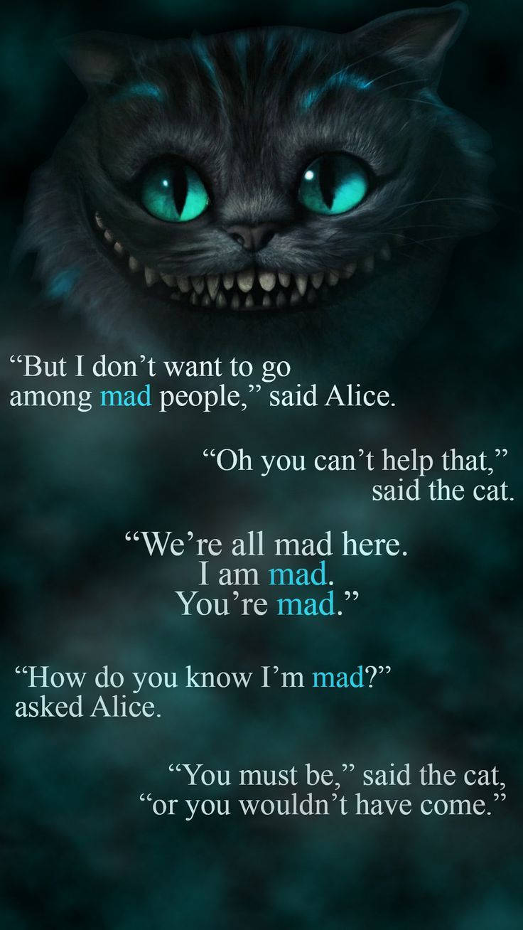 Enigmatic Cheshire Cat Grinning Among Quotes Wallpaper