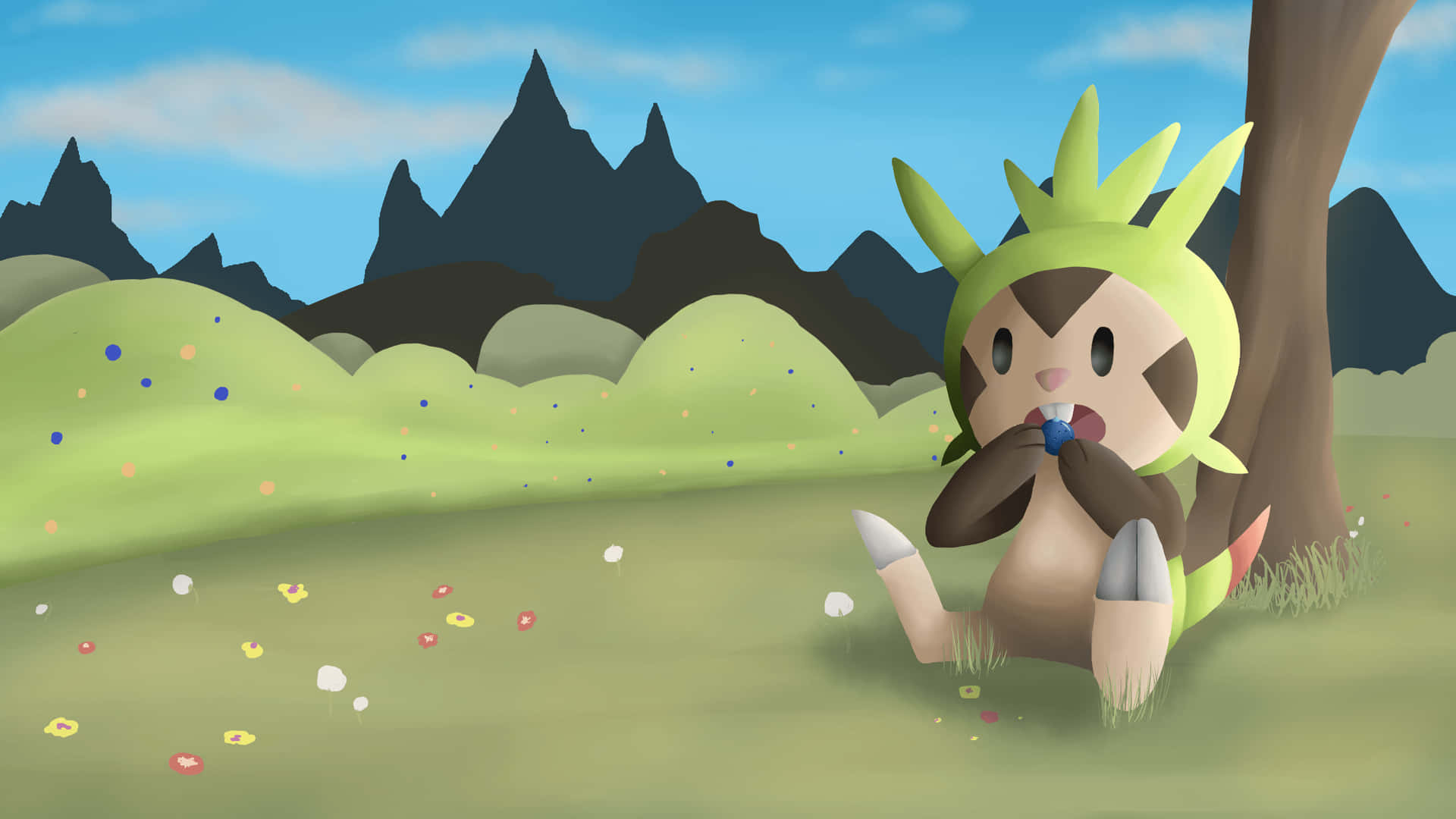 Chespin Sitting On Grass Wallpaper