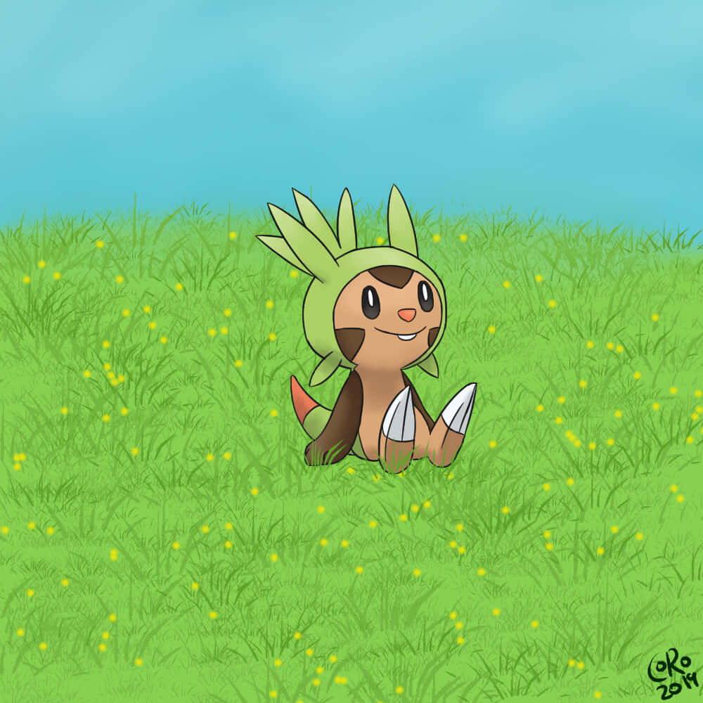 Chespin Sitting On Grass Smiling Wallpaper