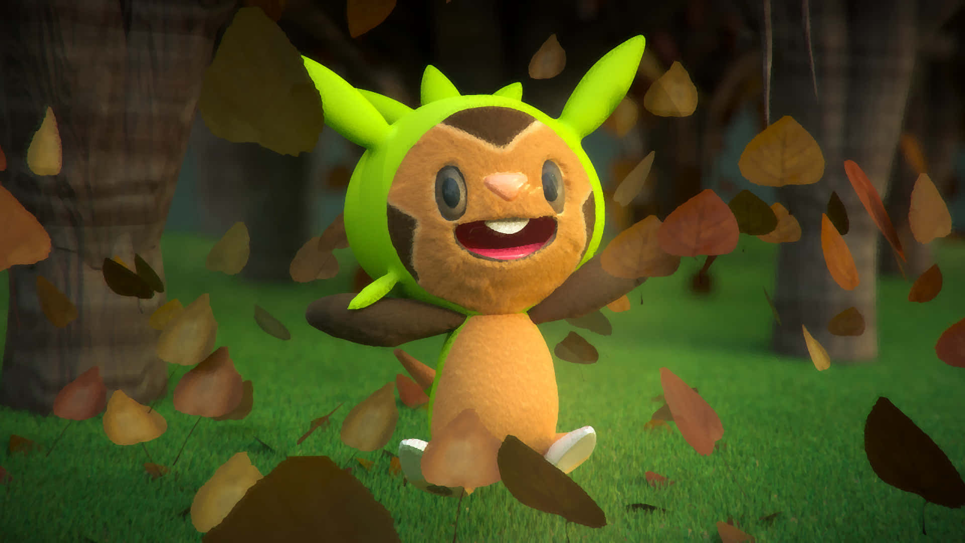 Chespin Surrounded By Falling Leaves Wallpaper
