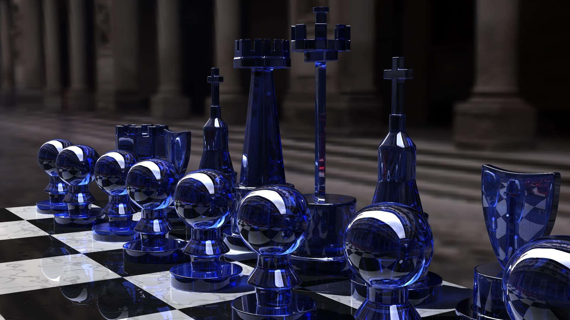 A Chess Set With Blue Glass Pieces On It