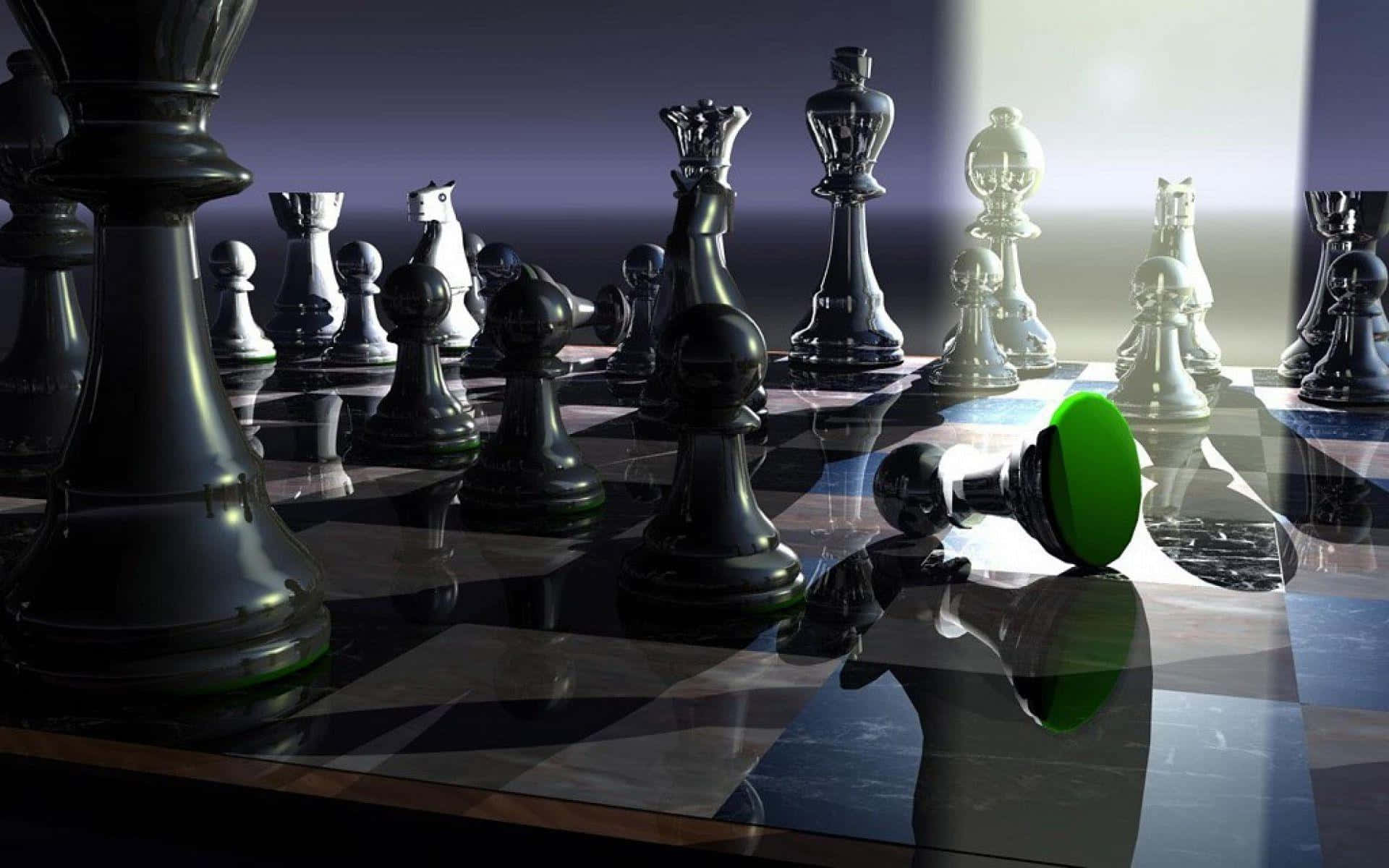 Chess Pieces On A Chess Board With A Green Piece