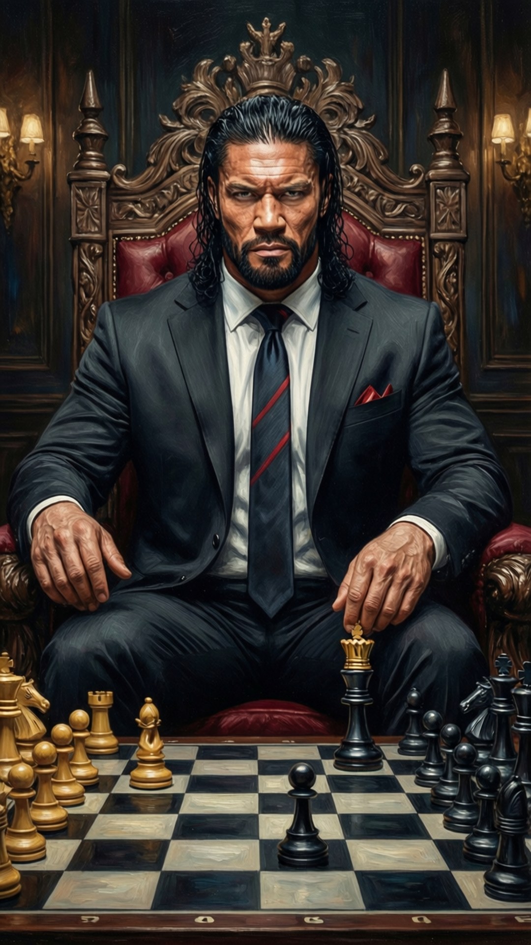 Roman Reigns as a chess master sitting on a throne.