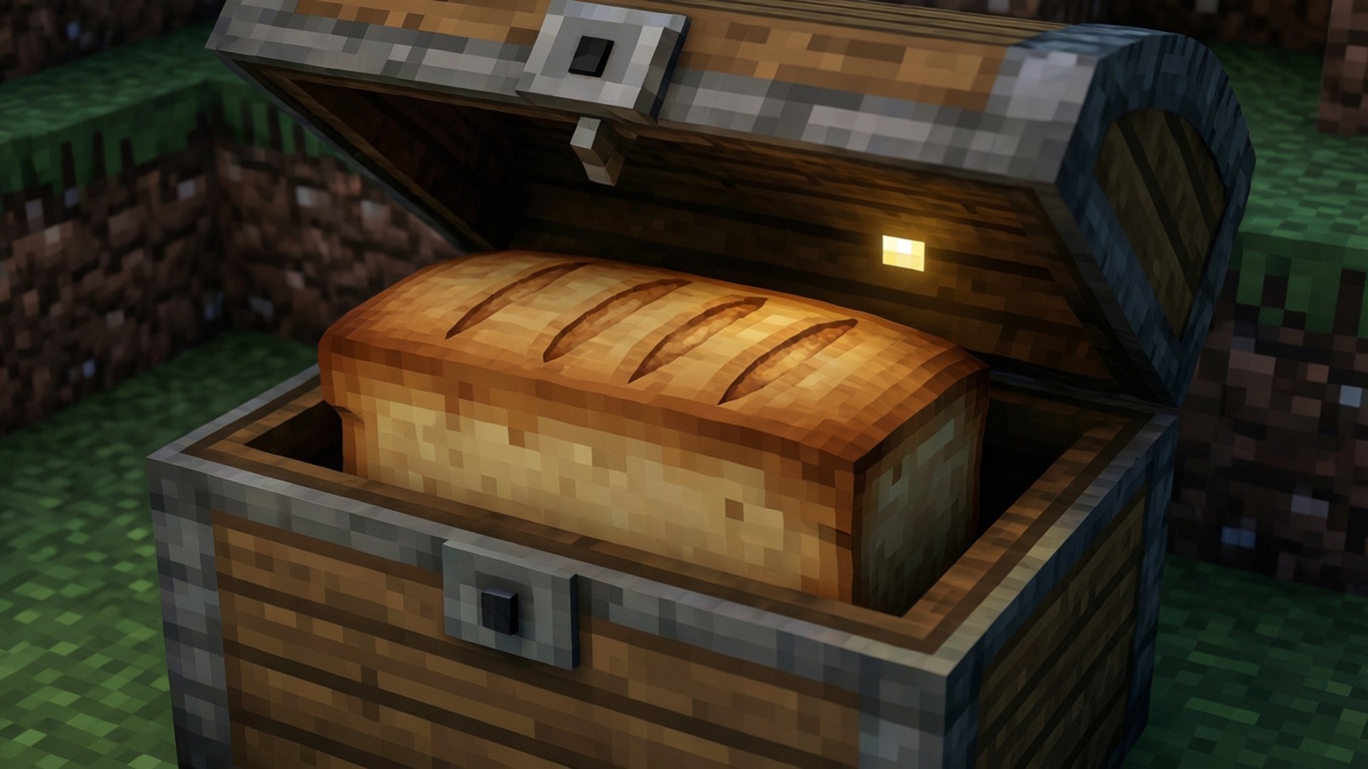 Et Minecraft-brød, der kigger ud fra en trækiste.